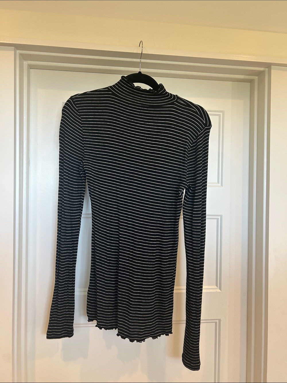 GAP Black & White Striped Long-Sleeve Mock Neck Top